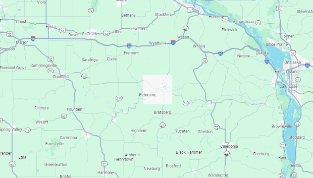 A map showing a region with towns and cities labeled, including Peterson at the center. Major roads and highways are marked, and a river can be seen on the right side of the map running north to south.