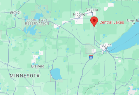 Map highlighting the area of Central Lakes in Minnesota, showing nearby cities such as Hibbing, Duluth, and Brainerd, as well as Leech Lake Reservation.