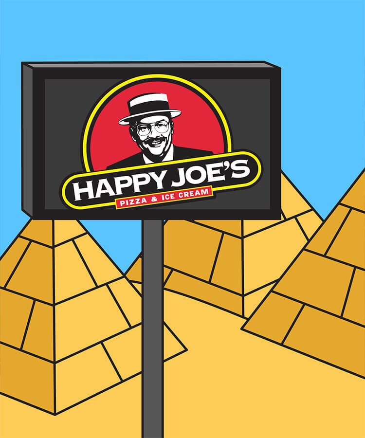 Illustration of a sign for "happy joe's pizza & ice cream," featuring a cheerful man in a hat and glasses, set against a background of stylized yellow pyramids and a blue sky.