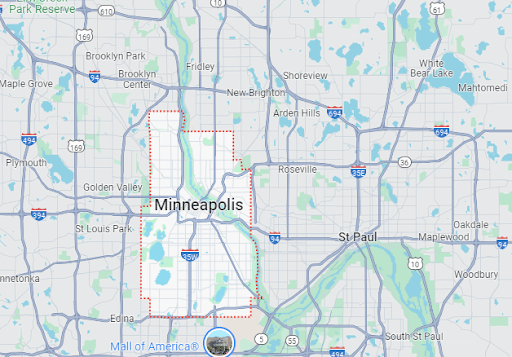 Map showing Minneapolis, St. Paul, and surrounding areas in Minnesota. Major highways and some landmarks like Mall of America and Brooklyn Center are also depicted.