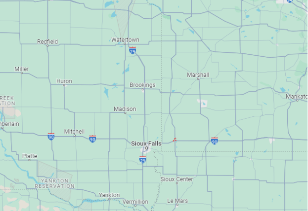 Map of a section of South Dakota, showing highways I-90 and I-29, and cities including Sioux Falls, Brookings, Madison, and others. Major highways and geographical details are depicted.