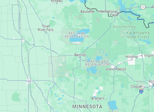 A map of northern Minnesota showing various towns and landmarks, including Bemidji, Thief River Falls, Brainerd, and the Leech Lake Reservation. Major highways and geographical features are also visible.