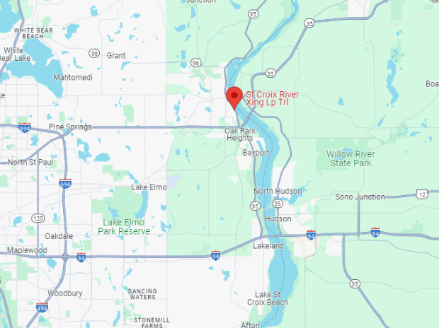 A map showing the St Croix River Xing Lp Trl with nearby areas including Oak Park Heights, Bayport, Hudson, and North Hudson. Major roads and landmarks like Lake Elmo Park Reserve are visible.