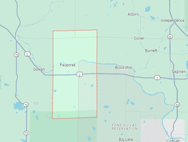 Map showing the area of Paupores, Minnesota, bordered by Gowan to the west, Brookston to the east, and Fond Du Lac Reservation to the south. U.S. Route 2 runs horizontally through the area.