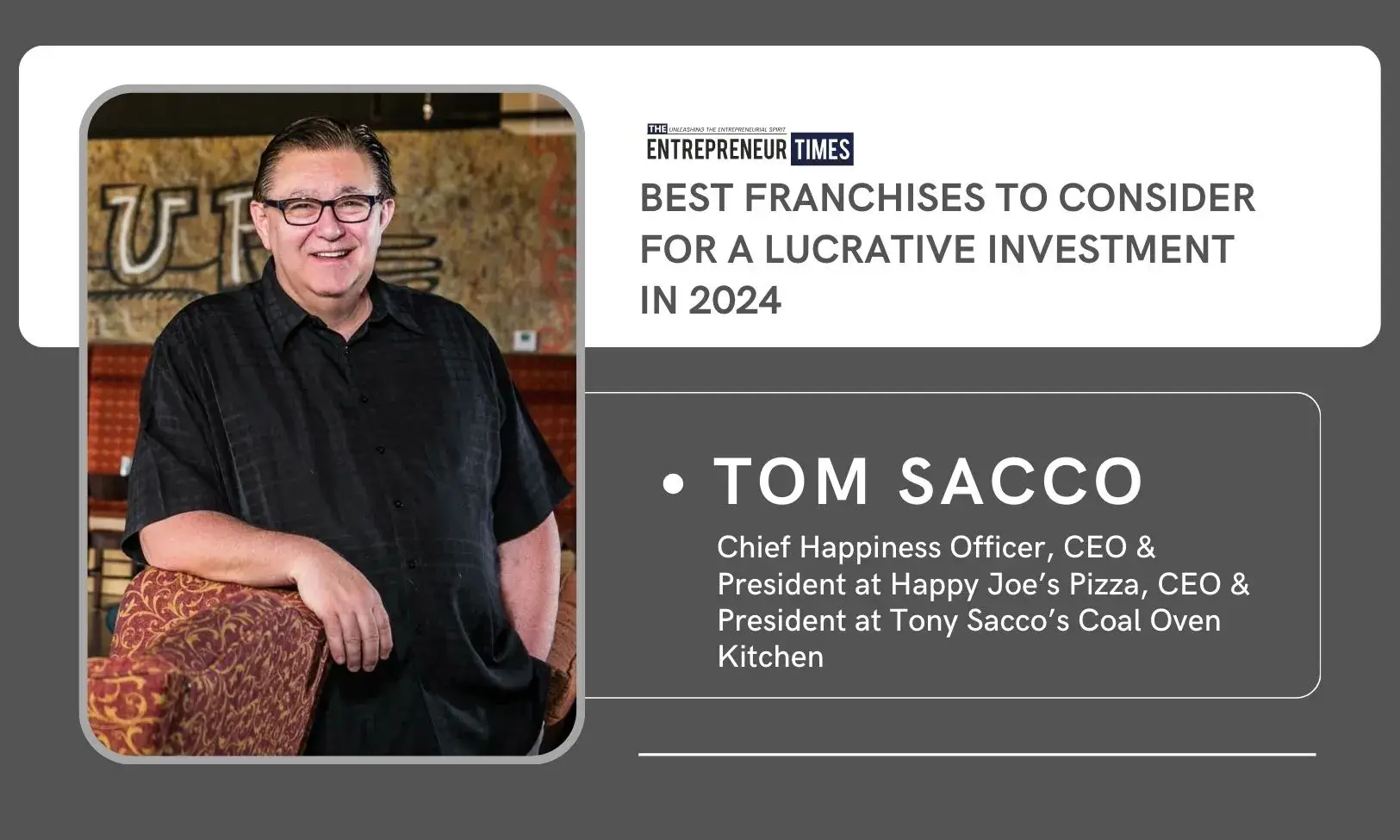 A man in a black shirt stands next to a chair. The text on the image promotes franchise investment opportunities in 2024 and highlights Tom Sacco's roles in various companies.