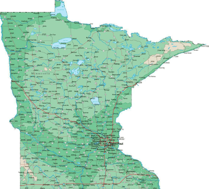 A detailed map of Minnesota displaying its regions, major cities like Minneapolis and Saint Paul, roads, rivers, and numerous lakes, with an emphasis on geographical features.